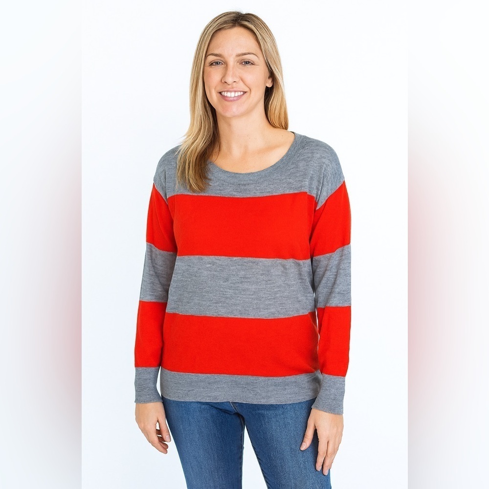 J. Crew Red and Gray Striped Crew Neck Sweater